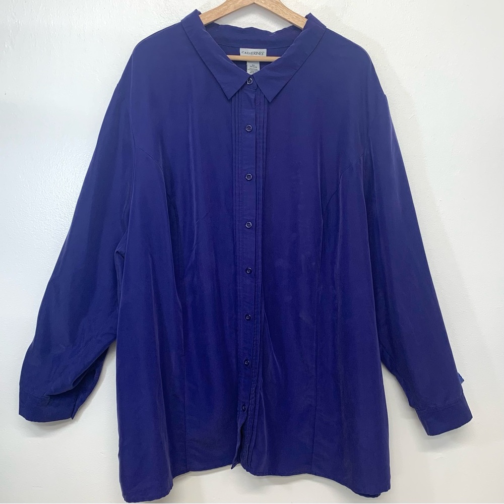Catherines Blouse Top Woman 4X Button Up Purple Long Roll Tab Sleeve Office Work